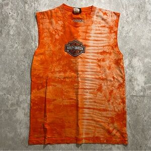Y2K Orange Tye Dye Harley Davidson Cutoff Muscle Tee Medium Loose Fit